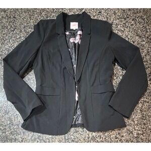 Candies Womens Black Blazer Floral Lined Open Front Career Jacket Size Medium